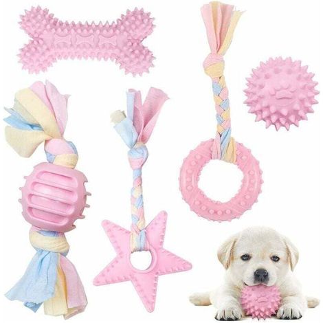 Jouet pour Chien Corde et Balle, 5 PCS Ensemble de Jouets à Mâcher, Jouets pour Chiens Indestructible pour Chiots/ Petits/ Moyen Chiens, Bénéfique pour la Santé Dentaire de Chien (Rose) (1/5)
