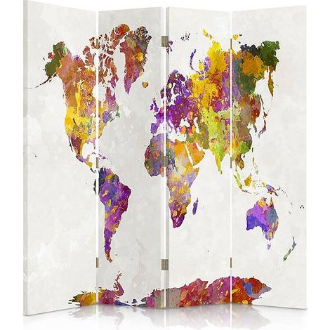 Paravent Décoratif Carte du Monde Colorée et Artistique - 145 x 180 cm - 1 face déco, 1 face noir (1/5)