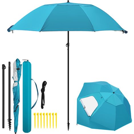 Randaco Sonnenschirm 210 cm UV50+ mit Schraub-Erdspieß, windstabiler Strandschirm, neigbar & tragbar für Strand Balkon Garten Himmelblau