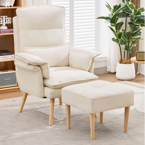 Sillón relax beige con reposapiés, respaldo regulable en 5 posiciones y patas de madera maciza,85x78.5x112 cm (1/5)