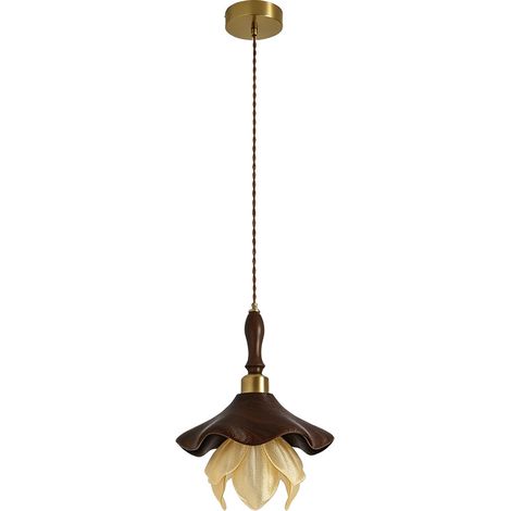 Suspension fleur lotus bois noyer, lampe à variation continue, source lumineuse E27 12W, télécommande, fil suspendu ajustable 2m (1/3)