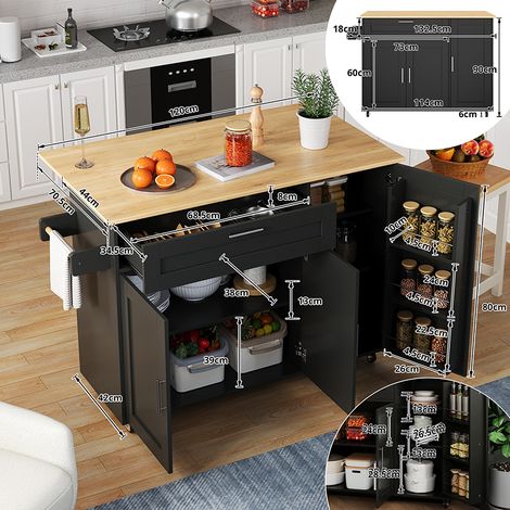 L132,5 x P44(70) x H90 cm, grande table de cuisine mobile, plan de travail rabattable, aspect chêne, meuble multifonctionnel, rangement à épices, porte-serviettes, 5 roulettes, adapté à la cuisine/sal (1/4)