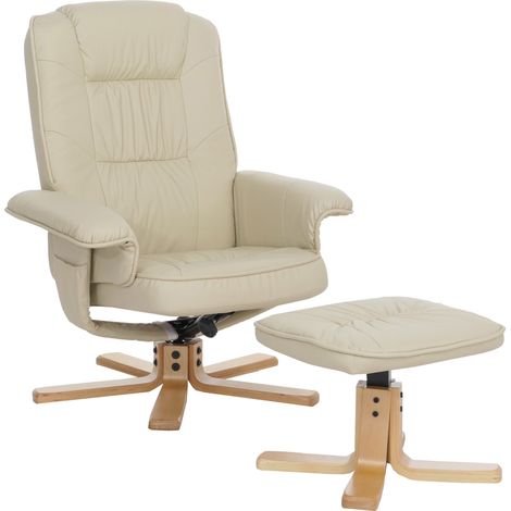 Relaxsessel H56, Fernsehsessel TV-Sessel mit Hocker Ottomane, Kunstleder Eukalyptus Holz MVG-zertifiziert creme (1/5)