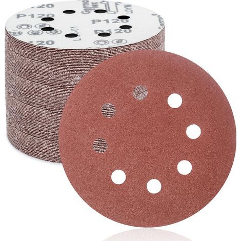 50 Schleifscheiben, 125 mm, 8 Löcher, Körnung 120, Schleifpapier, Exzenterschleifer, Metall und Holz (1/5)