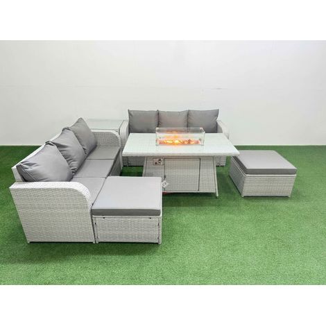 Fimous Outdoor Garden Furniture Sets 8 Seater Wicker Rattan Furniture Sofa Sets with Firepit Dining Table high Back Lounge Sofa 2 Big Footstool Side Table Light Grey (1/4)