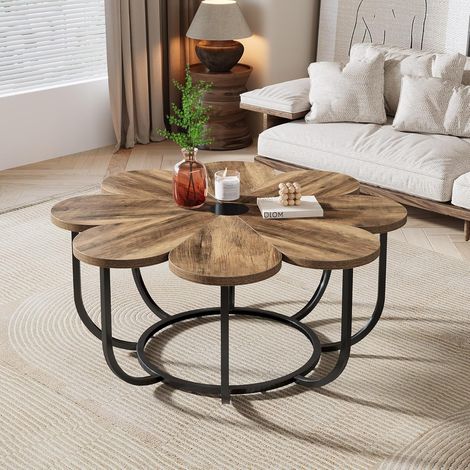 Tribesigns Tavolino da Caffè, 100 cm Tavolino Moderno a Forma di Fiore, Tavolino d'accento Floreale con Struttura in Metallo, Tavolino da Divano per Soggiorno, Marrone e Nero