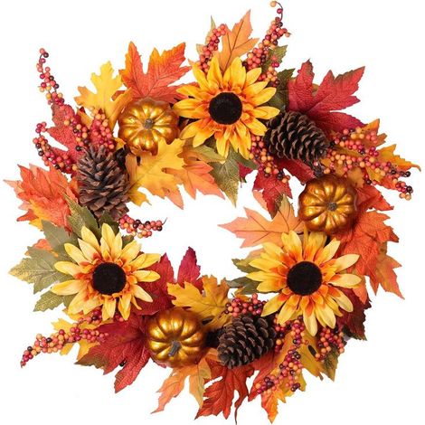 Couronne d'automne 45cm, tournesol artificiel, feuilles d'érable simulées, citrouille, suspension de porte, fête des moissons, anneau en rotin, décoration champêtre (1/3)