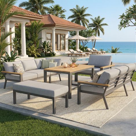 Conjunto modular de muebles de jardín para 8 personas con mesa de centro de 95 cm, hierro gris y tablero de WPC (1/5)