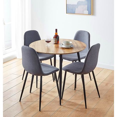 Hallowood Furniture Cullompton Small Dining Table and Chairs Set 4, Brown Oak Effect Top Kitchen Table and Chairs in Grey Fabric Upholstery and Metal Legs, Dining Room Sets for Home, Office & Café (1/5)