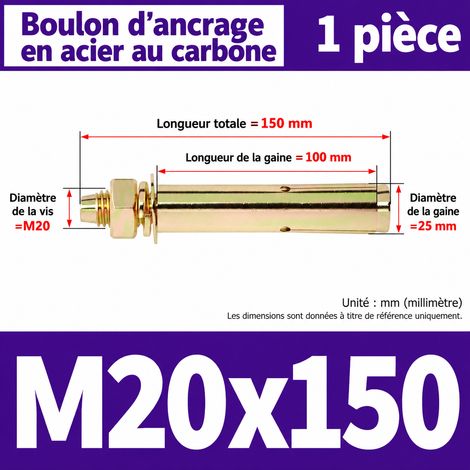 Goujon d'ancrage cheville métallique à expansion M20 x 150 mm perçage 25 mm m20 150 1 pièces 1 kg – Livraison gratuite