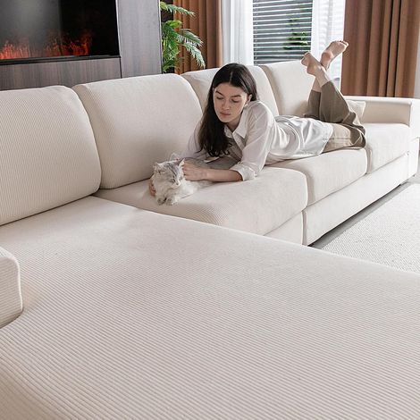 Stretch Sofa Cushion Covers, Non-Slip, Washable, Universal, Hard-Wearing and Easy-Care (Ivory, 1 Chaise Longue Cover) (1/5)