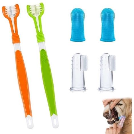Brosse à dents pour animaux - 6 pièces - 2 brosses à dents - 4 brosses doigtiers - Petit chien et chat (1/4)
