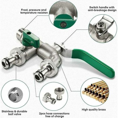 Robinet de jardin à double sortie, robinet extérieur en laiton, robinet de jardin haut de gamme avec double raccordement et embouts pour tuyau d'arrosage, adapté à une utilisation au jardin, à la mai