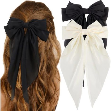 Bandeaux en satin soyeux (lot de 2) - Grands bandeaux - Bandeaux pour femmes - Bandeau blanc extra large à longue queue (1/5)