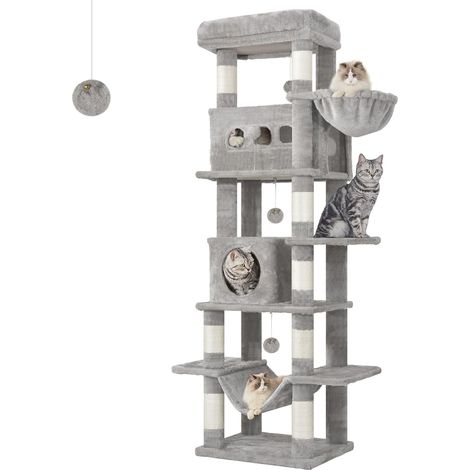Arbre à chat 170 cm avec grande plateforme et niches confortables – 8 poteaux en sisal – Tapis lavable – Pour plusieurs chats