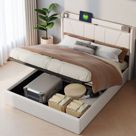 Letto 140x200 cm - 231205TT - USB - idraulico - Tessuto in lino - struttura letto matrimoniale 140x200 cm - beige