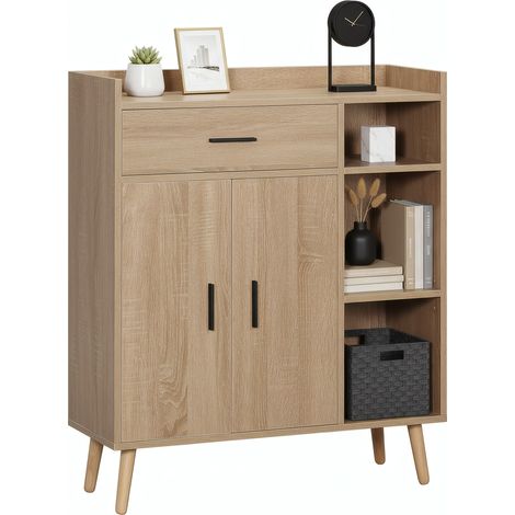 Sideboard, 2 Türen, 3 Regale, natur, 80 × 30 × 96,5 cm, melaminbeschichtete Spanplatte (1/5)