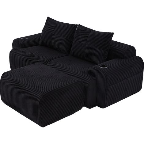 2-Sitzer Modulsofa aus schwarzem Cordstoff mit Hocker, Getränkehalter und Seitentasche (1/5)