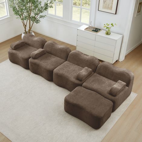Canapé d'angle modulable 4 places, sans cadre, avec pouf, design sinueux, mousse dense 32D, accoudoirs déhoussables, tissu moelleux, salon, brun (1/5)
