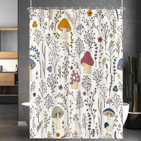 Rideau de douche 120 x 200 cm, motif champignons, ourlet lesté, anti-moisissure, imperméable, lavable, en polyester, avec 8 œillets et anneaux de rideau de douche, pour salle de bain (1/5)