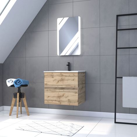 Pack Mueble de Baño 60cm - 2 Cajones Roble + Lavabo Blanco + Espejo LED