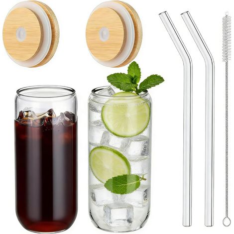 Verre - Lot de 2 - Verre Borosilicate - Avec Couvercle Bambou Et Paille - Pour Café Glacé Cocktail Smoothie - 480 Ml (1/5)