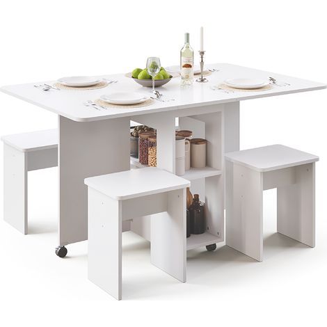 Ensemble Table à Manger pliante avec 4 Chaises,Table de cuisine avec 2 Etagères de Rangement et Roues Verrouillables,120 x 80 x 80 cm,Blanc, Mondeer