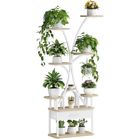 Support Plantes avec Lumière de Croissance, Support de Fleurs à 9 Niveaux avec 4 Lampes LED R-G, Couleur et Timing Réglables, pour Salon, Balcon, Jardin, Blanc
