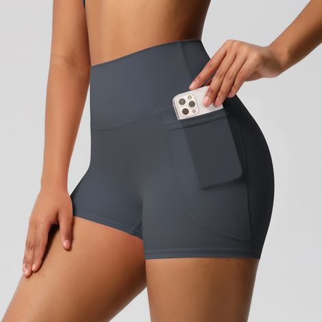 Zweiteilige Yoga-Shorts, Pflegeetikett in Englisch, hoher Bund, gebürstetes Nylon, mit Seitentasche. Grau, Größe L. (1/5)
