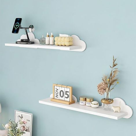 2 étagères flottantes murales blanches, design nuage, rangement décoratif pour chambre d’enfant, chambre à coucher et table de maquillage (1/4)