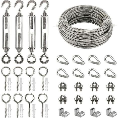 Kits de Câble en Acier Inox, 20m Câble Acier Galvanisé, Kit de Câble Métallique avce Tendeur Oeil-crochet M5, Attaches pour Câbles Métalliques, Manchons de Sertissage, Pitons Fermé, Cosse Coeur (1/5)
