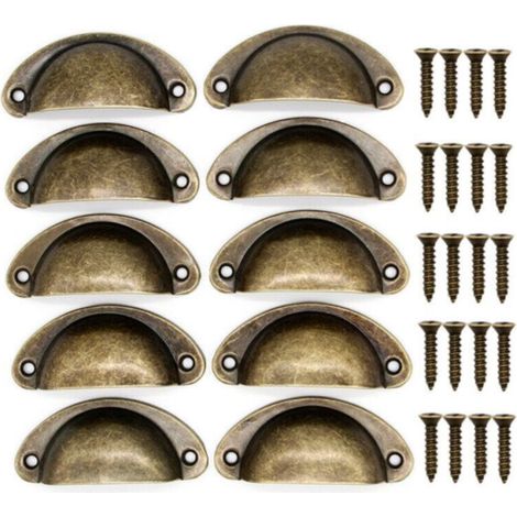 10 Möbelgriffe – 10 Vintage-Muschelgriffe für Schubladen, Schränke und Küchenmöbel, gebogene Retro-Türknöpfe aus Eisen, 8,2 cm x 3,5 cm, Antikmessing