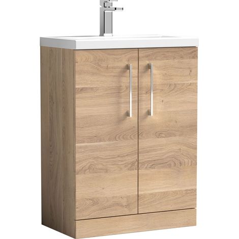 Bramshall Compact 600mm 2 Door Bleached Oak Floor Standing Vanity Unit With Polymarble Basin (1/4)