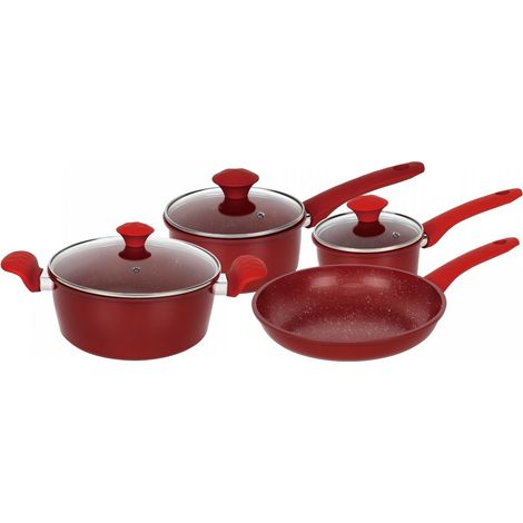 Herzberg HG-04715RED: Juego de utensilios de cocina de hierro fundido con revestimiento de mármol de 7 piezas - Rojo