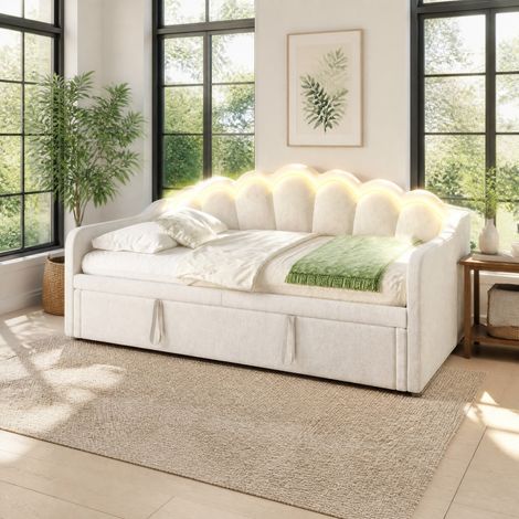 Cadre de lit 90x200 cm beige – extensible avec LED et tête de lit, sans matelas (1/5)