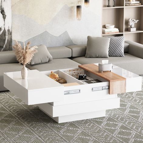 Tavolino da caffè quadrato estensibile con vano nascosto, 70 x 70 x 39 cm, bianco e legno DESVIAE (1/5)