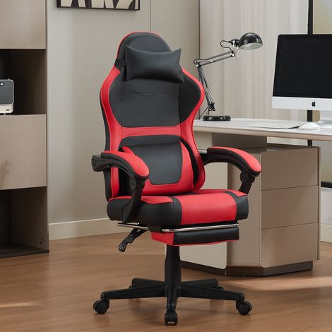 Chaise gaming ergonomique avec poche de rangement, repose-pieds extensible et double coussin lombaire, noir et rouge (1/5)
