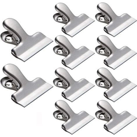 10 clips metálicos grandes, clips para cerrar bolsas, clips de acero inoxidable para cartas, resorte fuerte, 40 mm de ancho, plateados. (1/4)