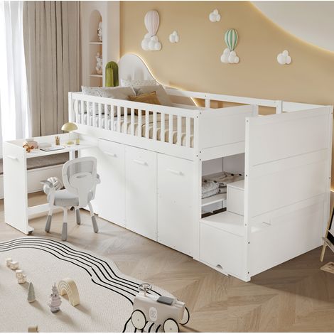 Letto a castello 90/200 cm bianco con scrivania estraibile e armadi (1/5)