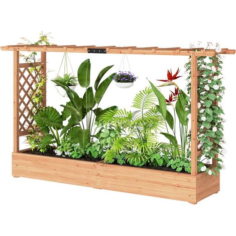 Pot de fleurs en bois avec bac de plantation grillagé pour la décoration de jardin extérieur. Support pour plantes. (1/5)