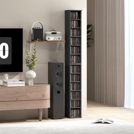 Lot de 2 étagères colonnes rangement CD-DVD, 12 compartiments, capacité 204 CD, 21x22.5x88.5cm, noir