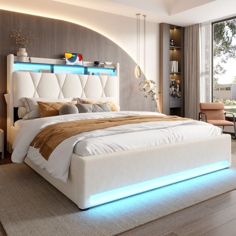 Lit coffre 160/200 cm beige en velours avec éclairage et tête de lit de rangement (1/5)