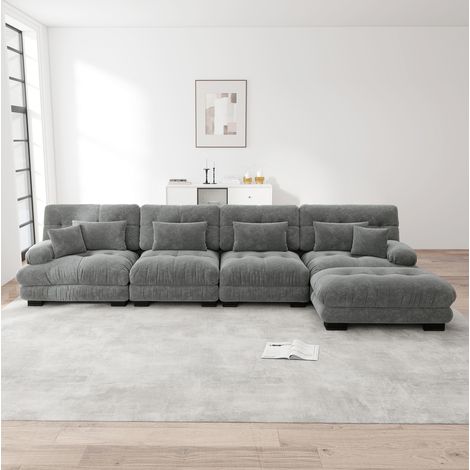 Divano angolare modulare 406 x 145 x 81 cm in ciniglia grigia con pouf mobile DESVIAE (1/5)