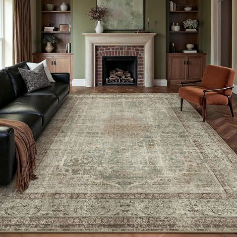 Tapis de Salon Marron Poil Court Vintage 200x300cm, Tapis de Chambre Antidérapant Lavable, Tapis Persan pour Chambre d'enfant, Séjour, Salon, Descente de Lit (1/5)