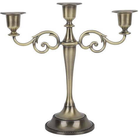 Bougeoir en métal à 3 bras, finition brillante, style rétro raffiné, idéal pour les tables à manger et la décoration de mariage (bronze). (1/5)