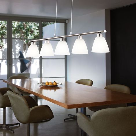 Lampe de table à manger lampe suspendue table à manger suspension argent réglable en hauteur, 5 flammes, métal nickel verre blanc 5x douilles E14 HxLxP 120x93x13cm (1/5)