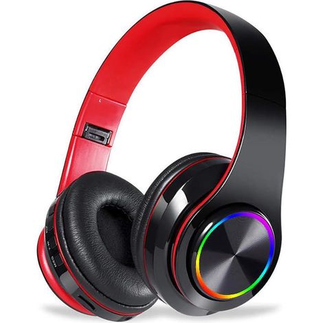 Casque sans fil à réduction de bruit - Éclairage LED - Casque stéréo pliable avec microphone - Noir et rouge (1/2)