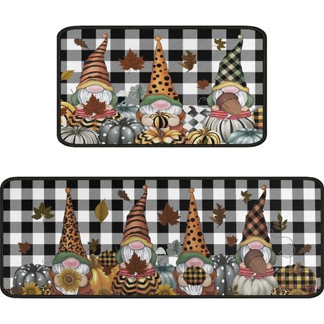 Tapis de cuisine automnaux à motifs citrouille et gnome (lot de 2), antidérapants, imperméables et compatibles avec l'évier. (1/5)