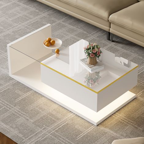 Mesa salón elegante con LED y cristal blanco de 100 cm OKMYHOME (1/5)