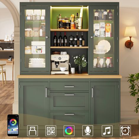 Meuble de cuisine avec éclairage LED contrôlé par application, 185x140x40cm, 3 tiroirs, plan de travail, étagères réglables, noir/blanc/vert (1/5)
